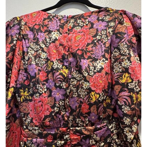Zara Size Small Satin Floral Print V Neck Mini Dress Ruched Blogger Favorite - Picture 6 of 8